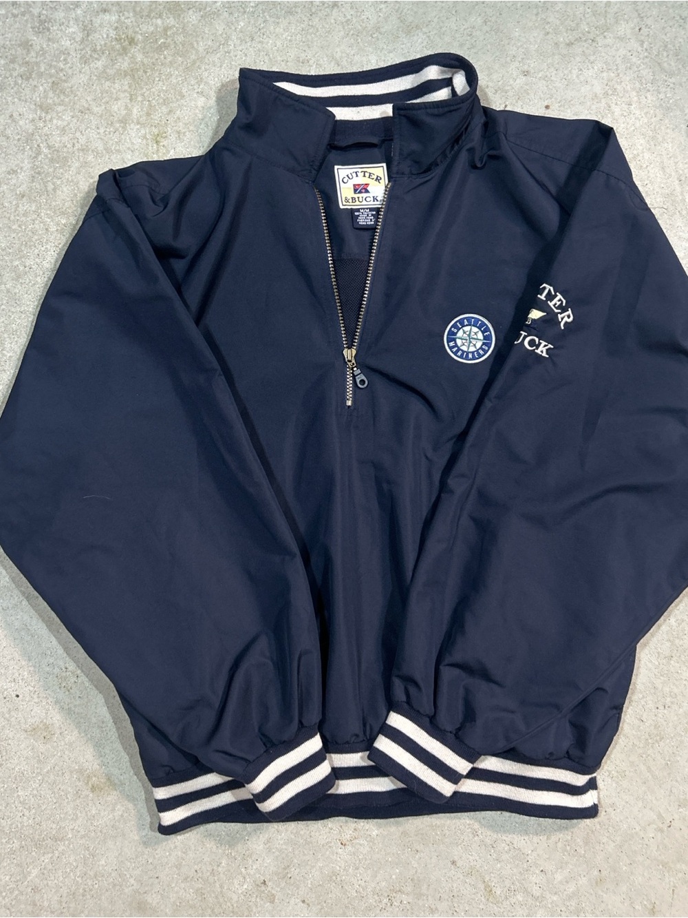 Cutter & Buck Navy Half-Zip Windbreaker with Striped Trim